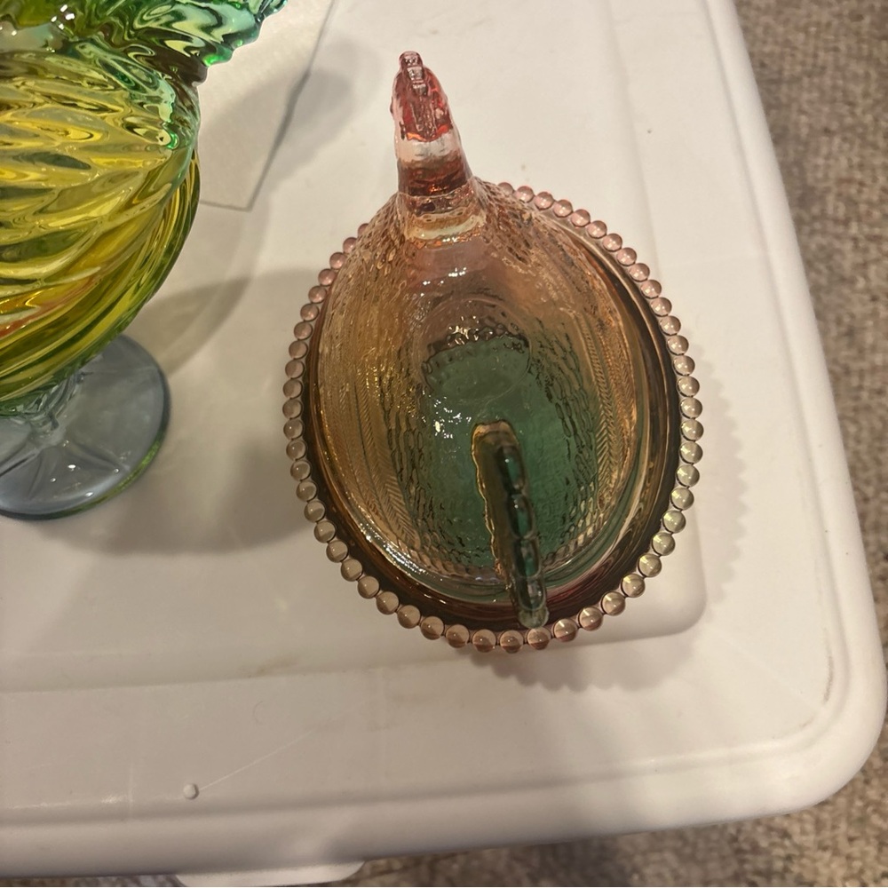 Glass Rooster 11 in Figurine & chicken 7 in on a beaded nest red / green storage - Picture 7 of 11